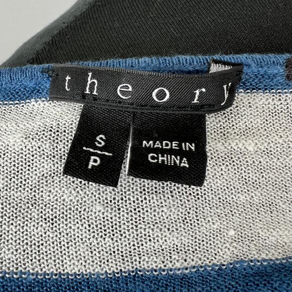 THEORY Blue White Stripe Linen Blend Long Sleeve Round Neck Pullover Sweater S - Picture 7 of 9
